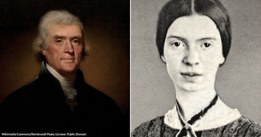 On the left, an oil portrait of an older white-haired man in dark clothing; on the right, a black-and-white photograph of a young dark-haired woman in period dress.