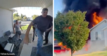 Split image showing people rushing toward a front porch on the left and a house engulfed in flames and black smoke on the right.