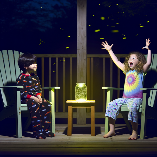 Children enjoying fireflies on a cozy porch.