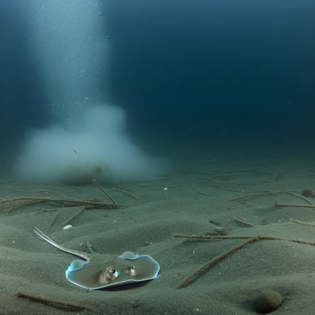 A stingray resting on the ocean floor.