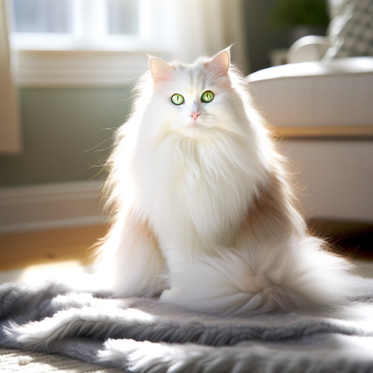Fluffy white cat with striking green eyes, basking in sunlight.