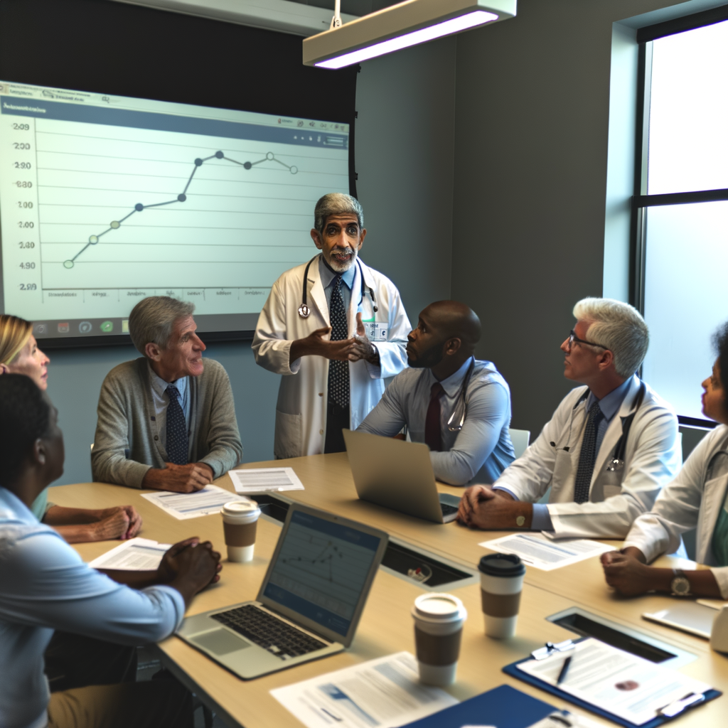 Medical professionals discussing data in a meeting room.