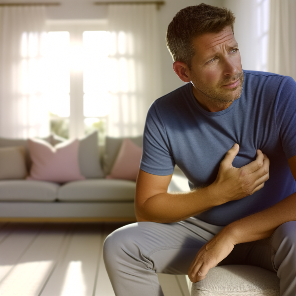 Man sitting with a pained expression in a cozy living room.