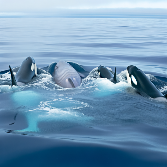 Orcas swimming around a gray whale in the ocean.