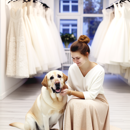Woman sitting with a dog among wedding dresses.