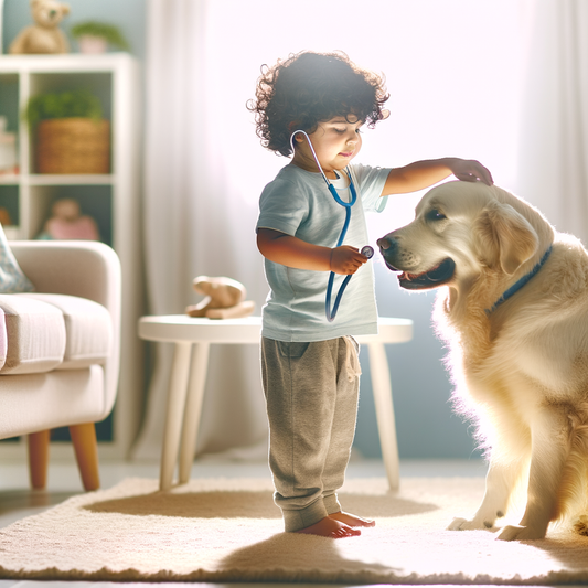 Child playfully examines a dog with a stethoscope.
