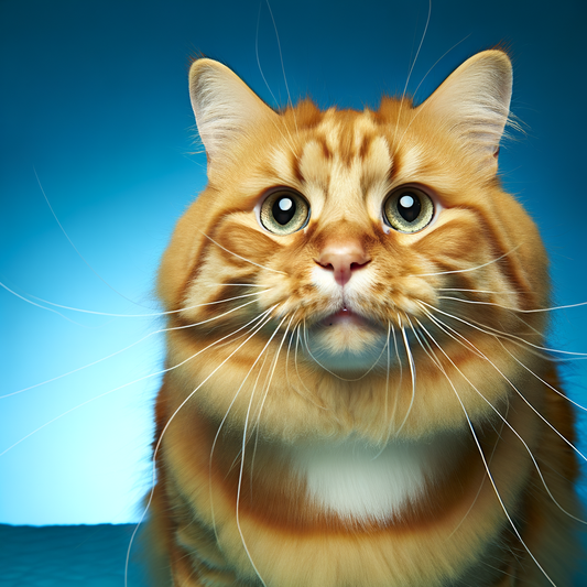 Fluffy orange cat with big green eyes.