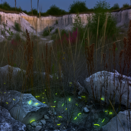 Glowing fireflies illuminating a rocky landscape at dusk.