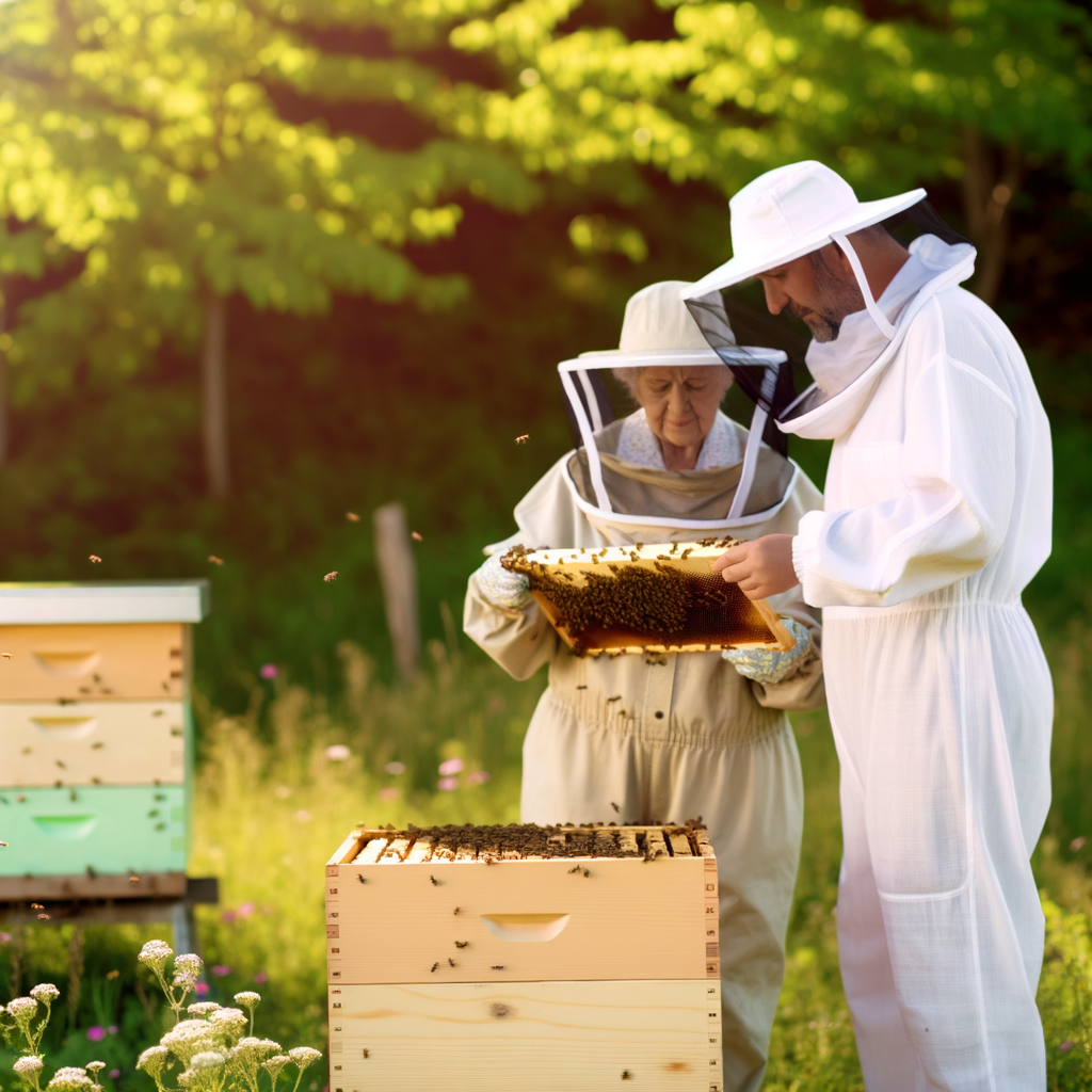 A beekeeper and an elderly woman inspect a hive.
