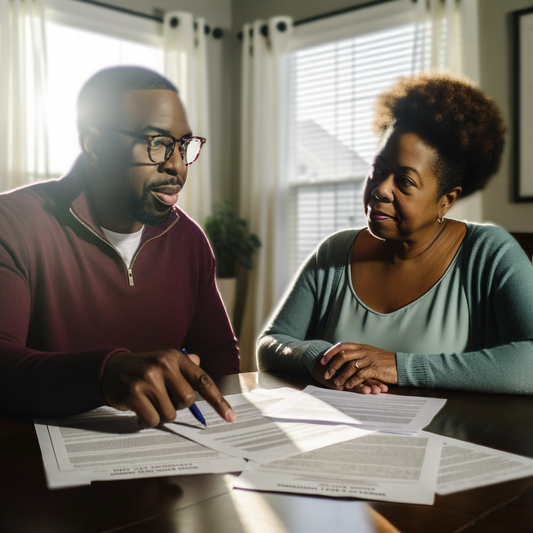 Two people discuss documents at a table.