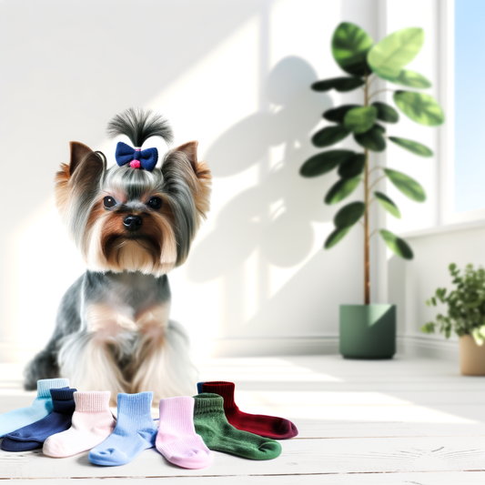 A cute dog posing with colorful socks.