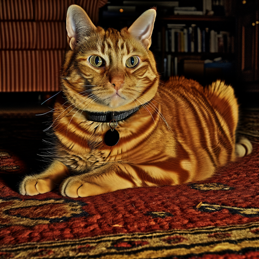 A cat lounging on a colorful rug.