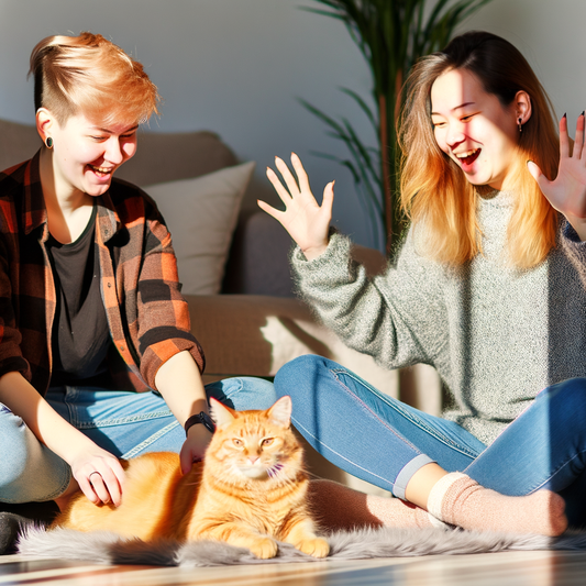 Two friends joyfully playing with a cat.