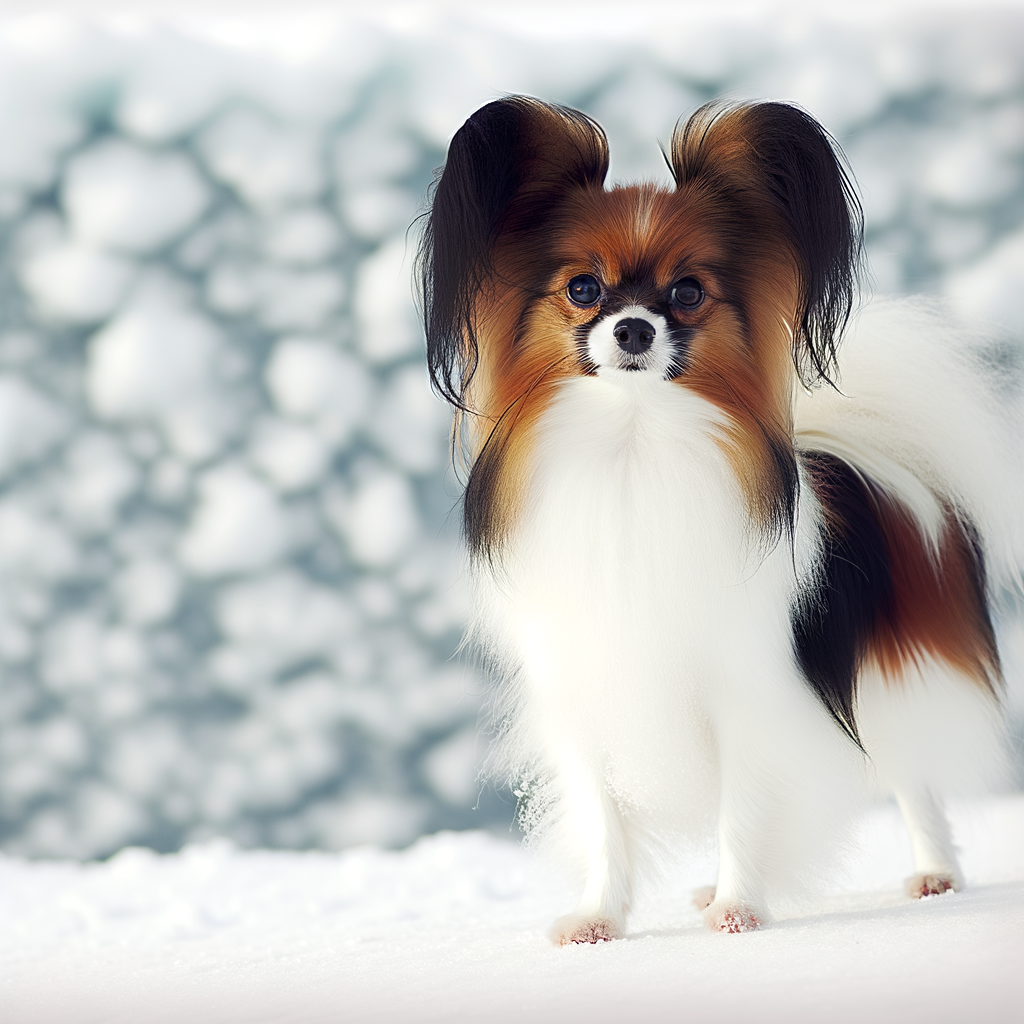 A cute Papillon dog standing in the snow.