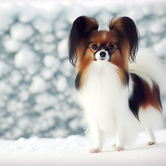 A cute Papillon dog standing in the snow.