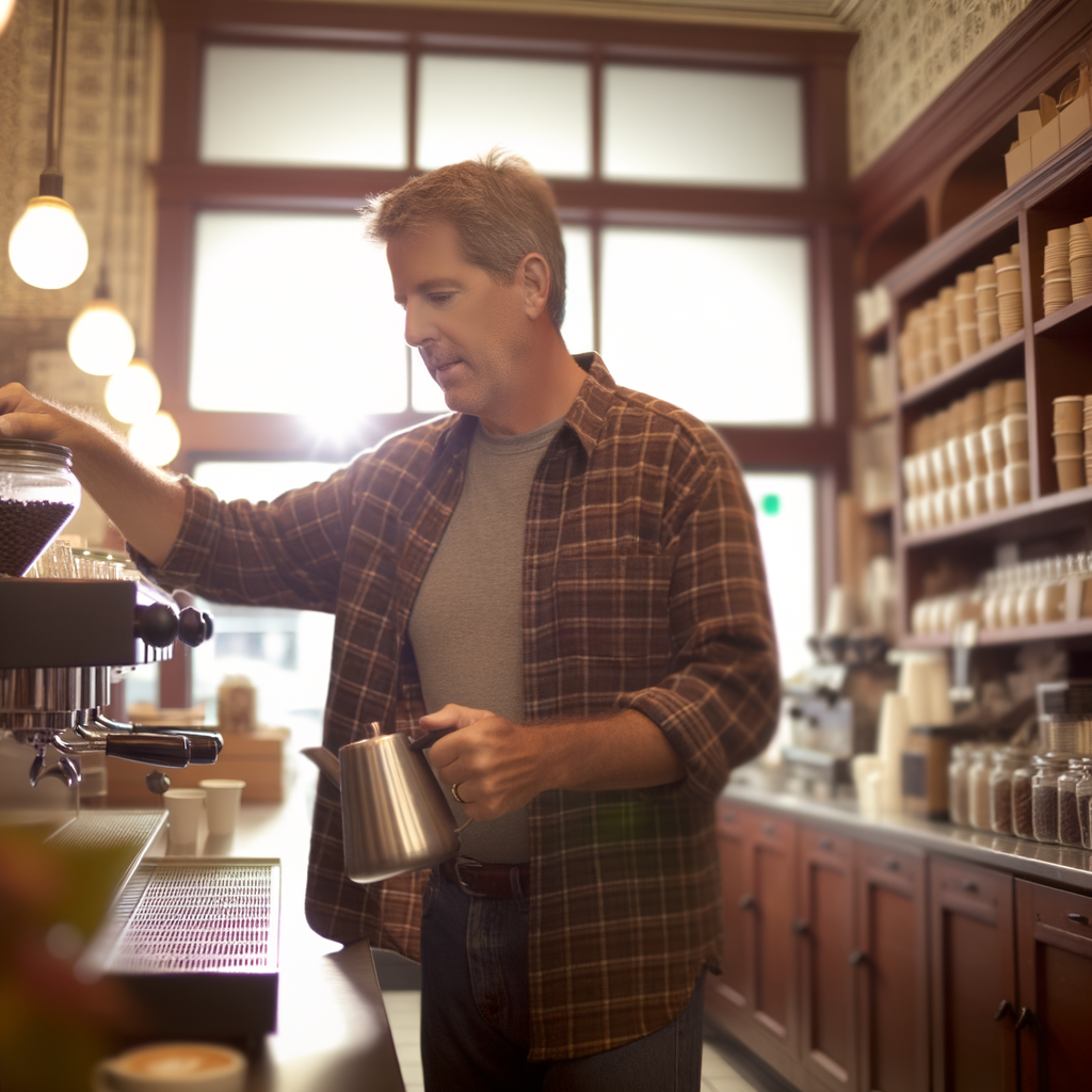 Barista preparing coffee in a cozy café setting.