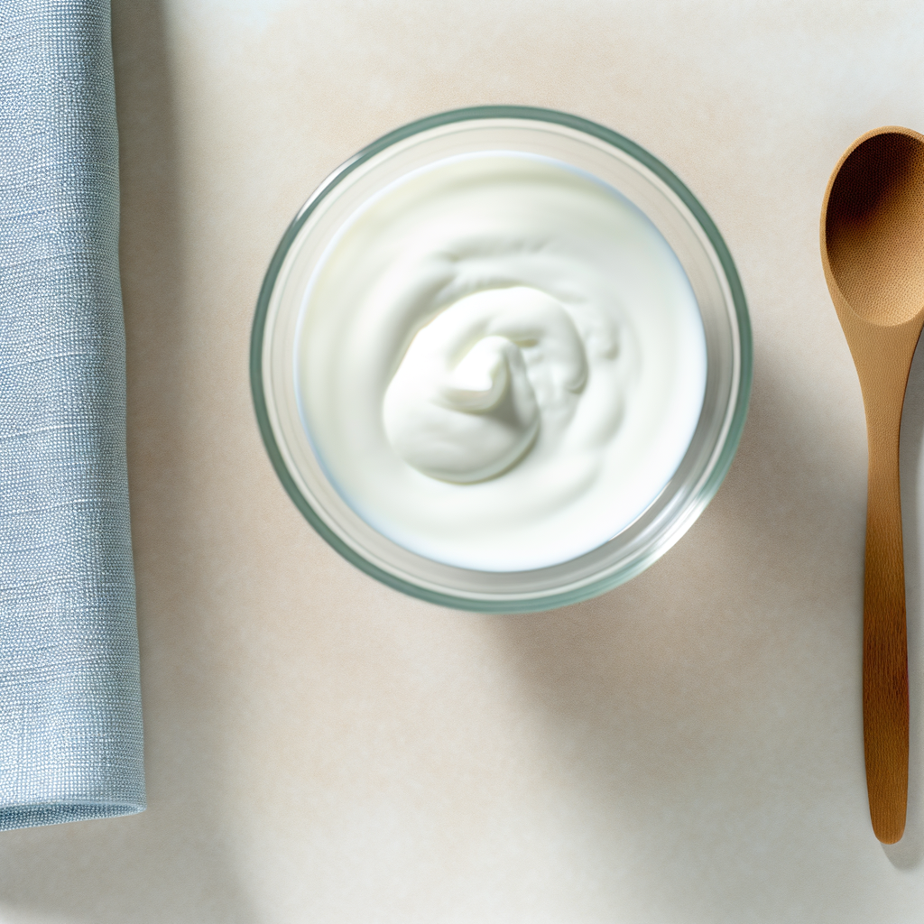 Creamy yogurt in a glass bowl with a spoon.