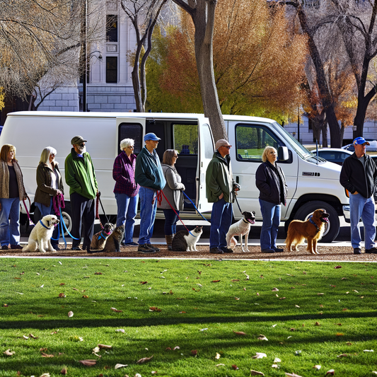 A line of people walking dogs in a park.