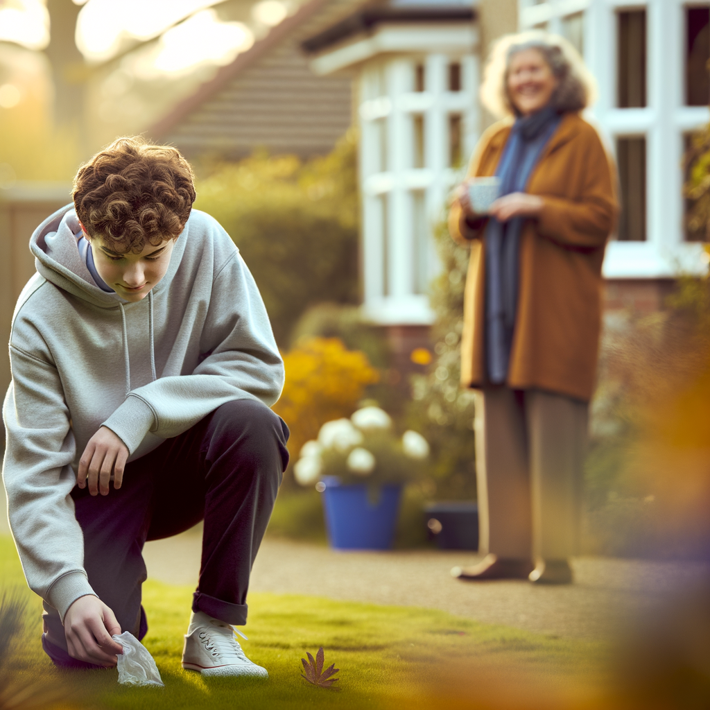 A boy crouches in a garden while an elderly woman smiles.