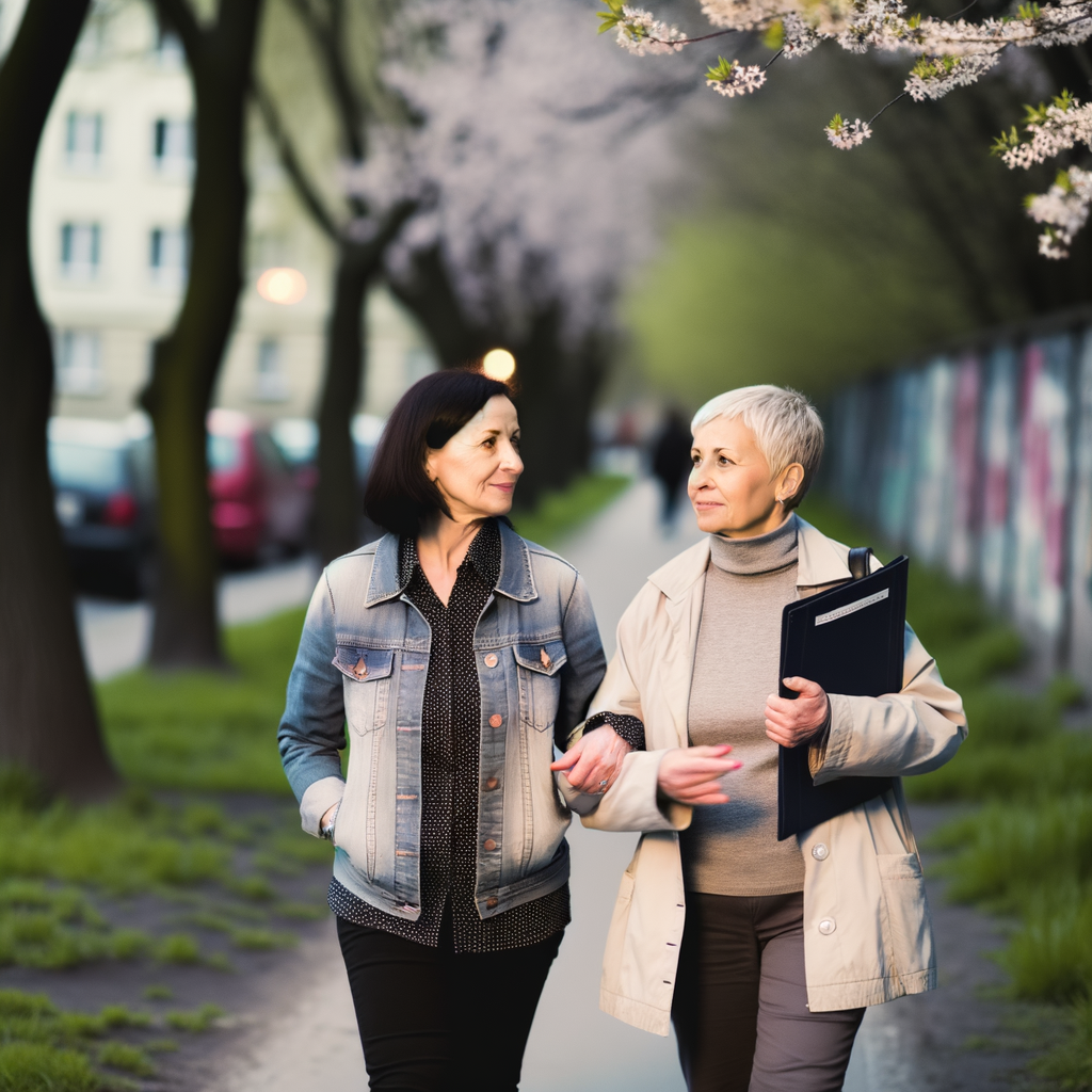 Two women walking and chatting along a tree-lined path.