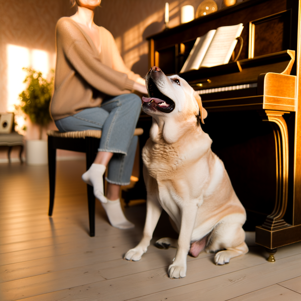 Woman playing piano with a happy dog beside her.