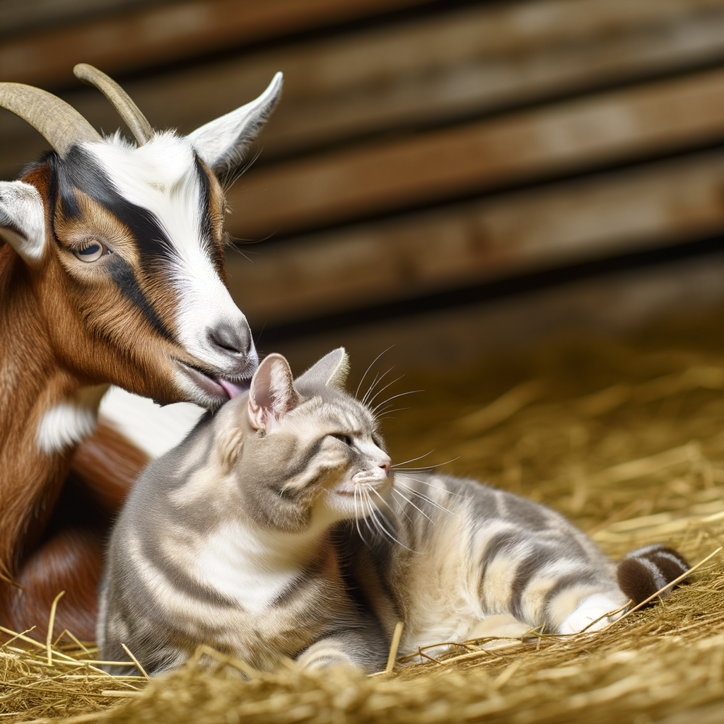 Goat and cat cuddling in a cozy barn.
