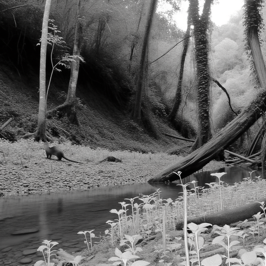 A tranquil forest scene with animals by a stream.