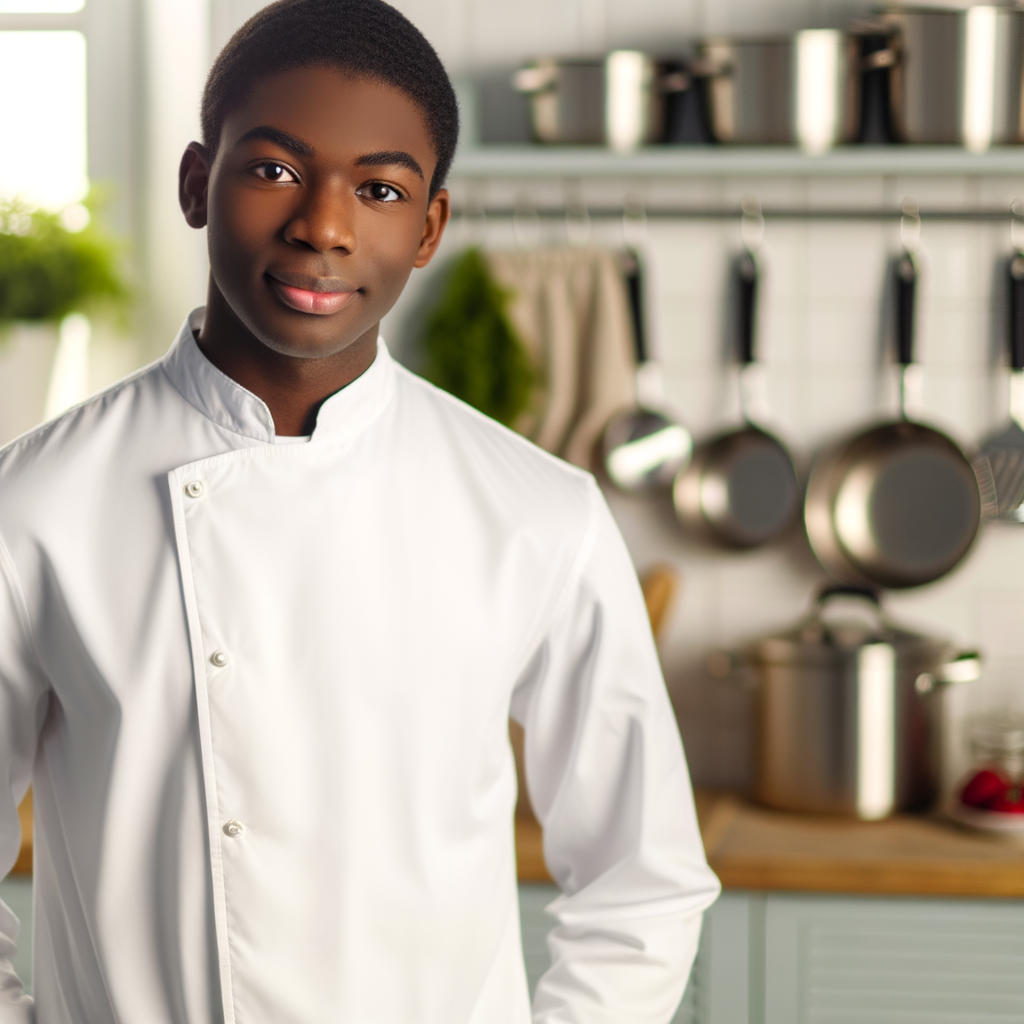 Young chef smiling in a bright kitchen.