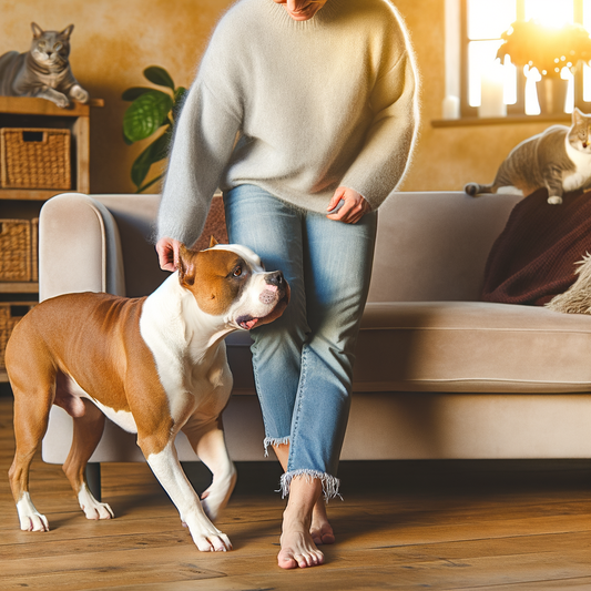 Person petting a dog in a cozy living room.