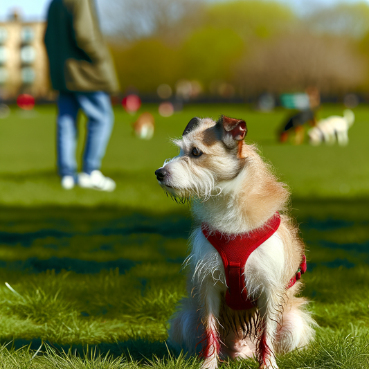 A small dog wearing a red harness in a park.