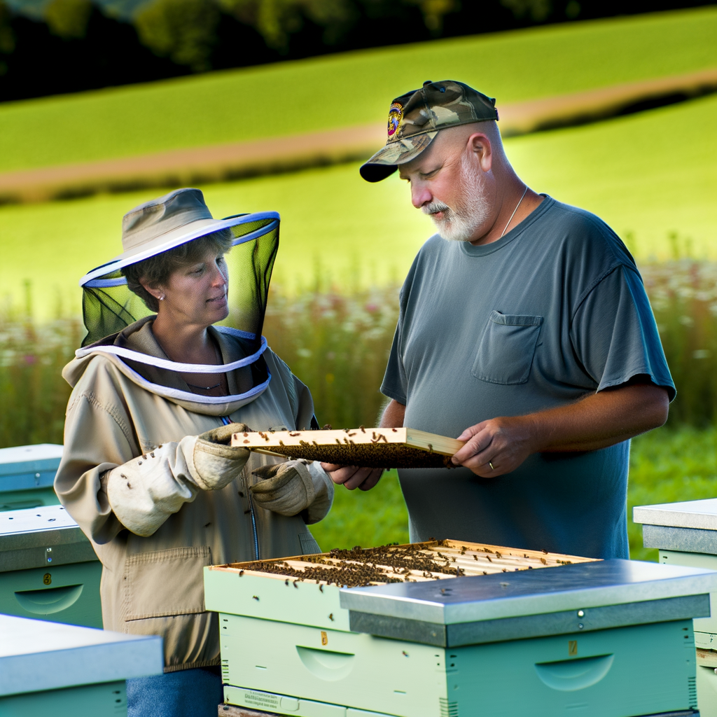 Beekeepers inspecting a hive frame outdoors.