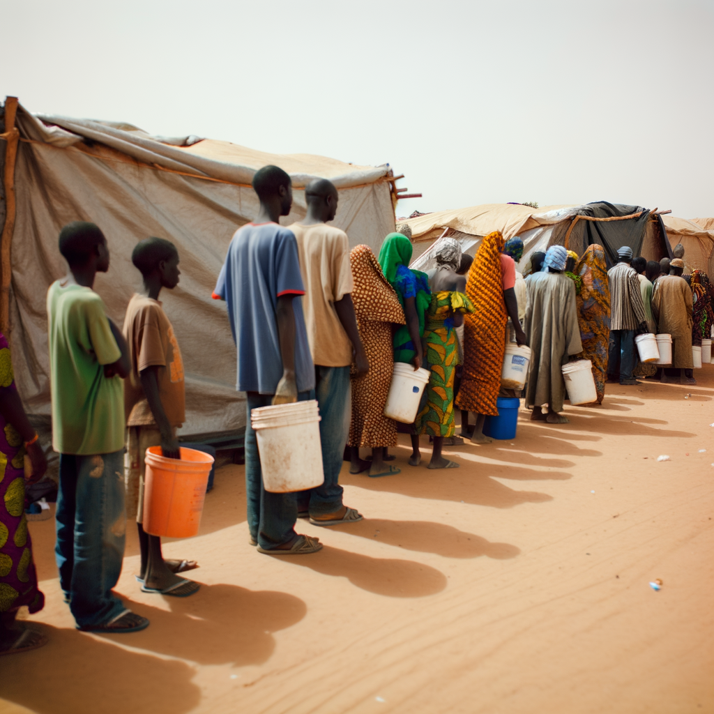 People standing in line near tents in a settlement.
