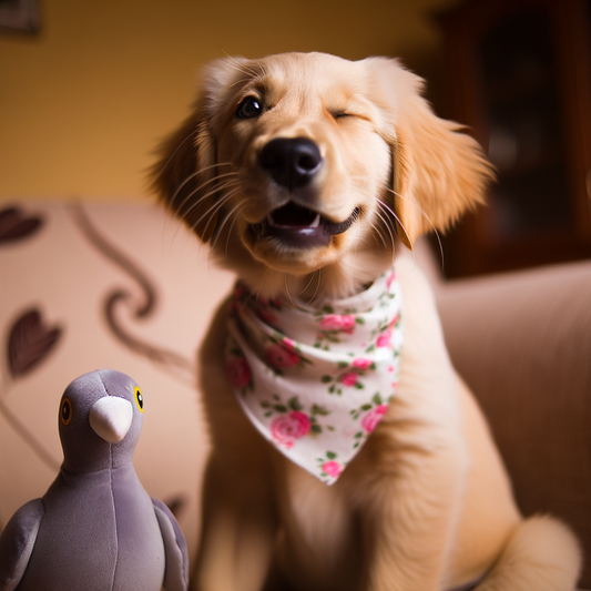 Golden retriever winking beside a plush pigeon toy.