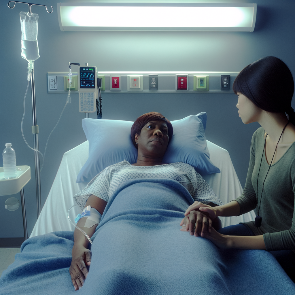 Two women share a moment in a hospital room.