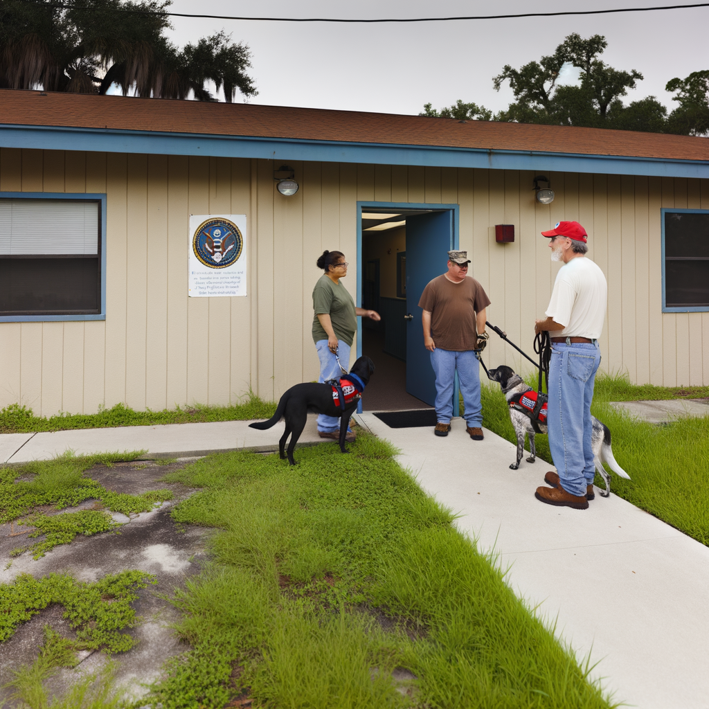 People with service dogs outside a building.