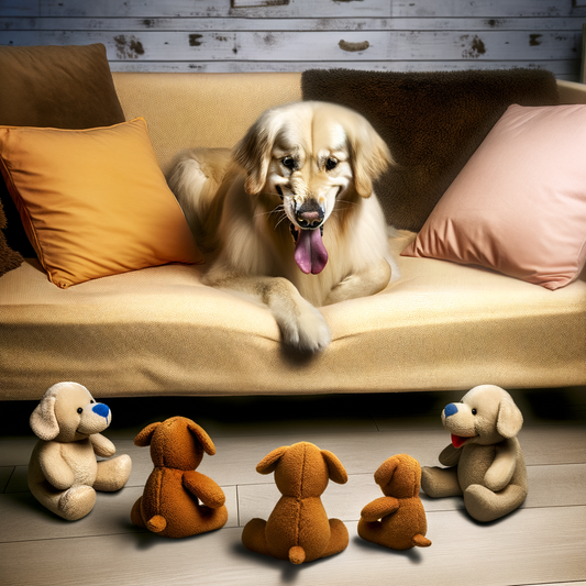 Golden retriever lounging on a couch with plush toys.