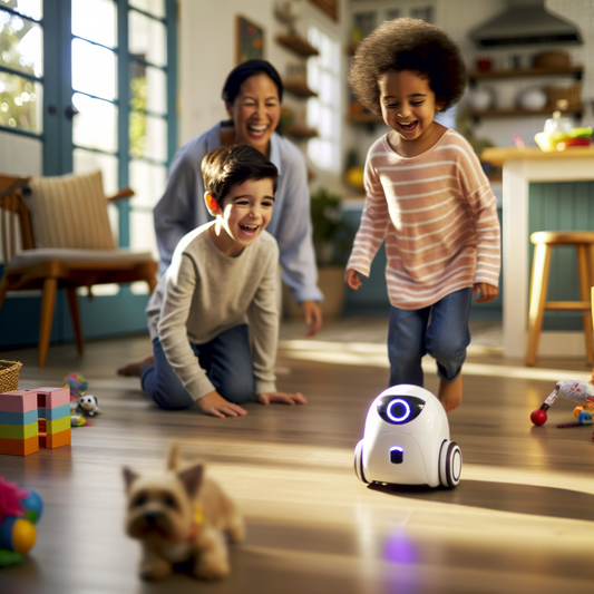 Children playing and laughing with a robot toy.