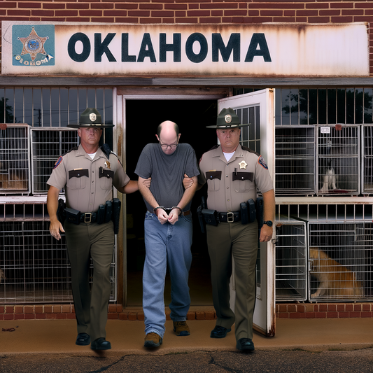 Police escorting a handcuffed man outside a building.