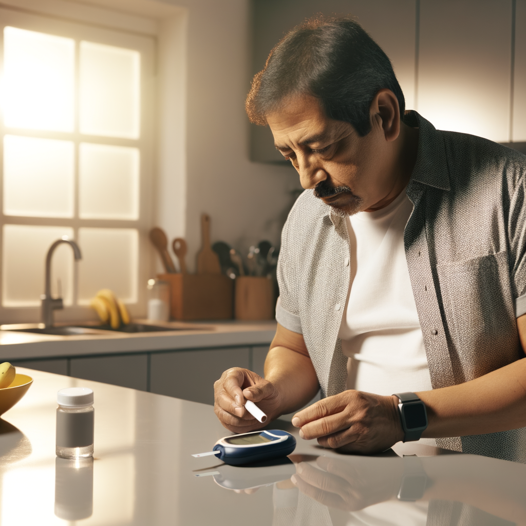An elderly man tests his blood glucose in the kitchen.