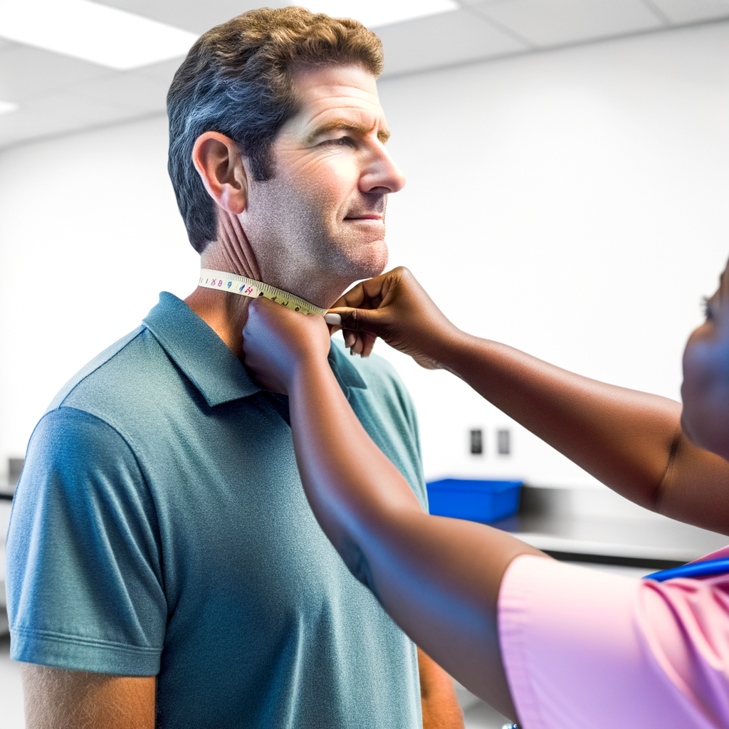 A healthcare professional measures a man's neck circumference.