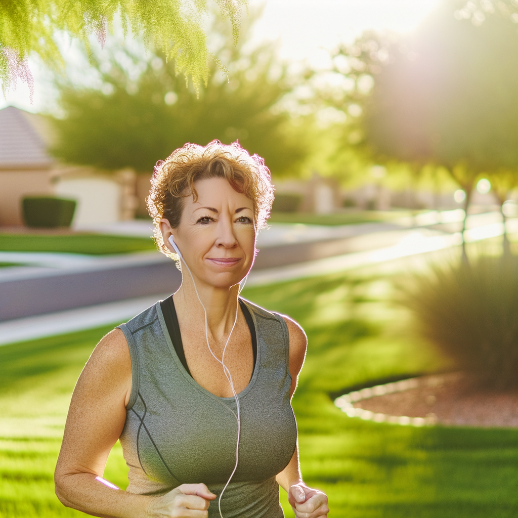 Woman jogging outdoors, enjoying the morning sun.