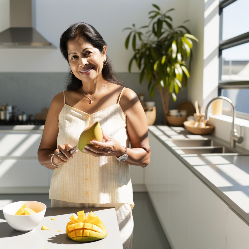 Woman slicing mango in a bright kitchen.