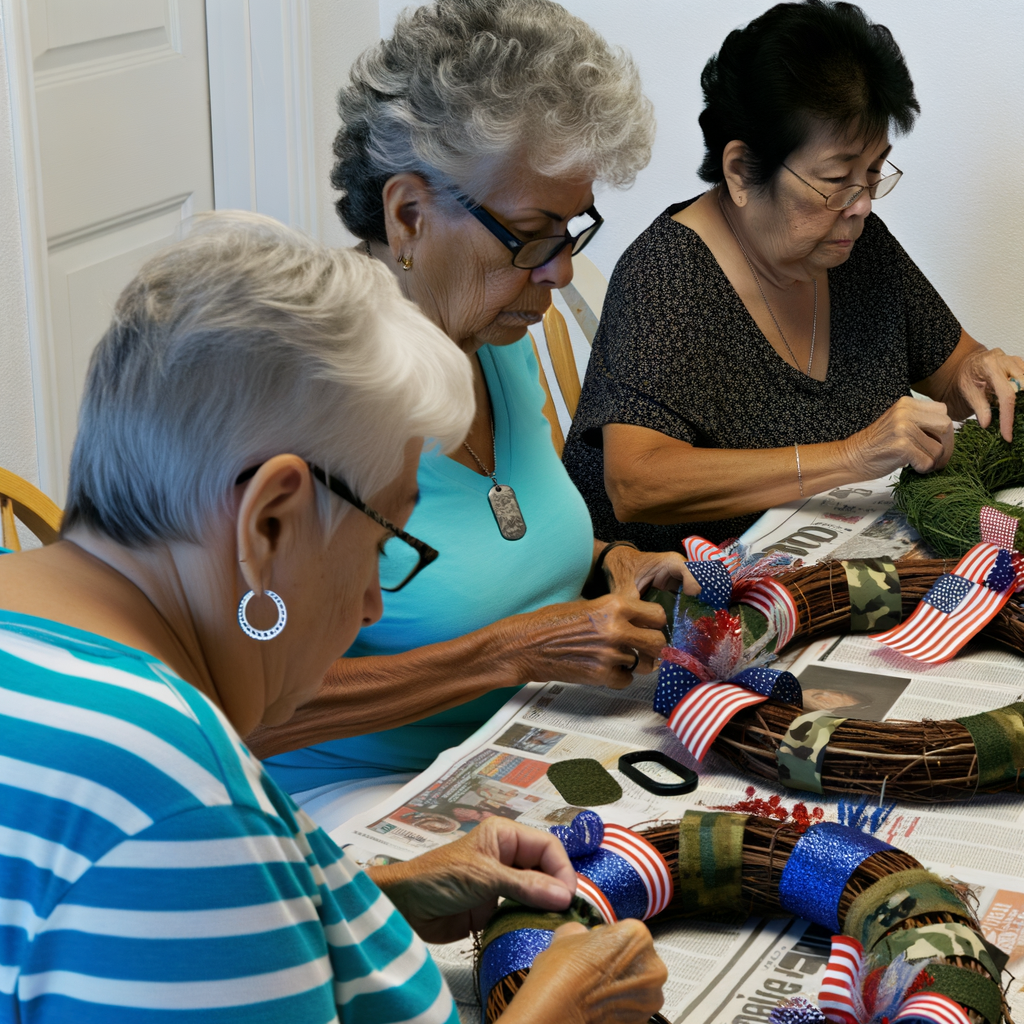 Three women crafting wreaths at a table.