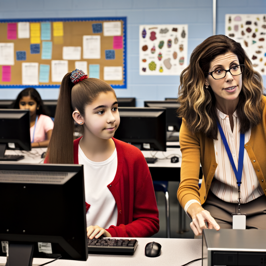 Student and teacher collaborating in a computer lab.