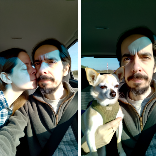 Couple selfies in a car with a dog.