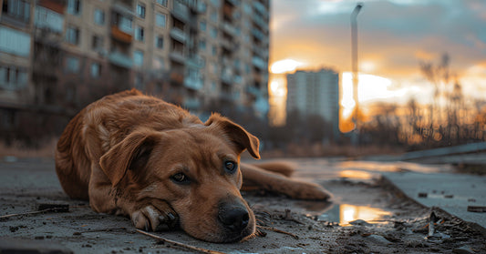 Brown dog lying on a damaged city street at sunset with apartment buildings and debris in the background.