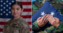 Portrait of a young U.S. Army soldier in uniform standing in front of an American flag.