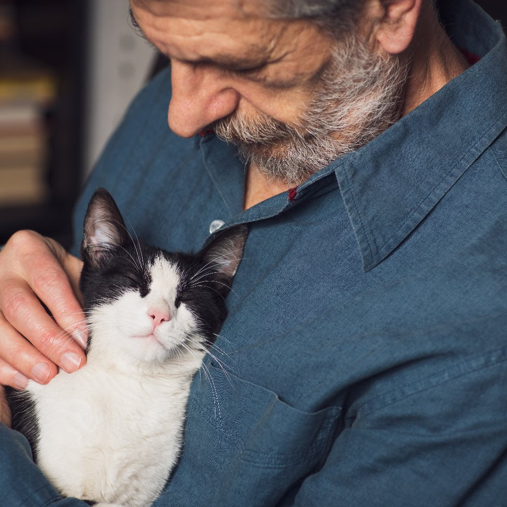 An older man with a gray beard gently cradles a black-and-white cat against his chest indoors.