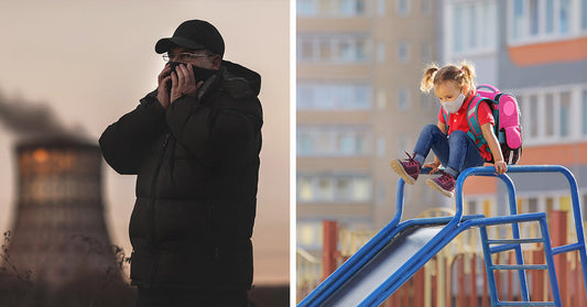 Side-by-side images show a bundled-up person covering their face near smoking industrial towers and a masked child sitting on top of a playground slide.