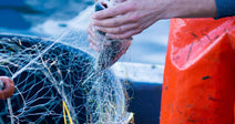 Fisher in orange waterproof gear removing a fish from tangled netting on a boat beside the water.